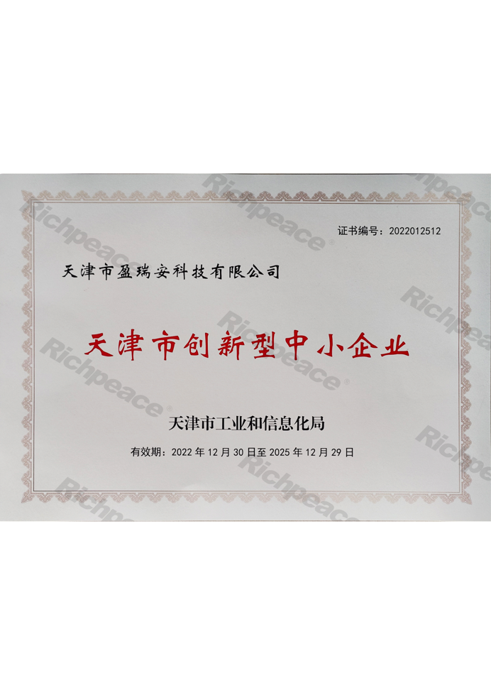 天津市盈瑞安科技有限公司——天津市创新型中小企业证书